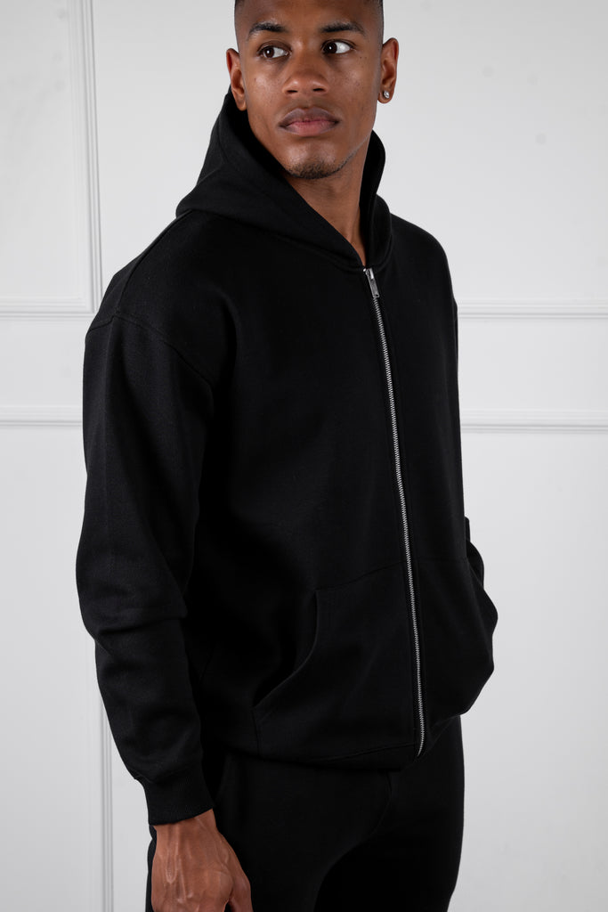 Relaxed Fit Zip Through Hoodie - Black