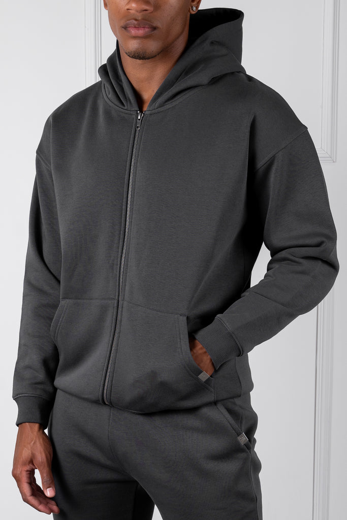 Relaxed Fit Zip Through Hoodie - Charcoal
