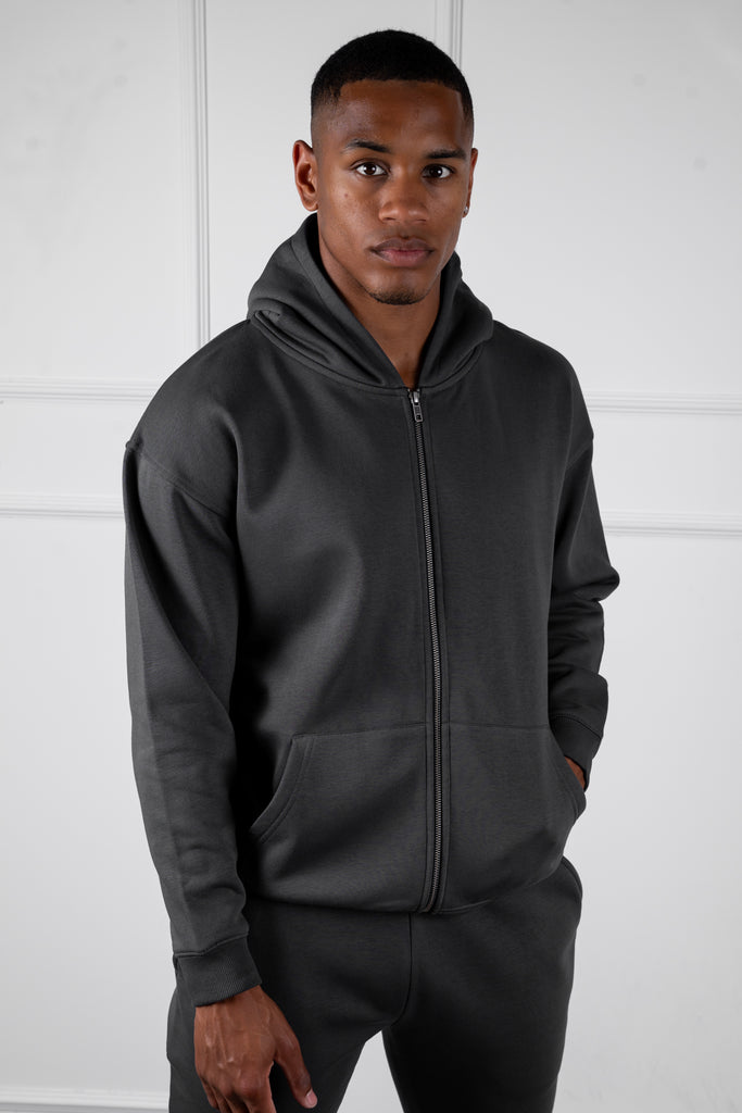 Relaxed Fit Zip Through Hoodie - Charcoal