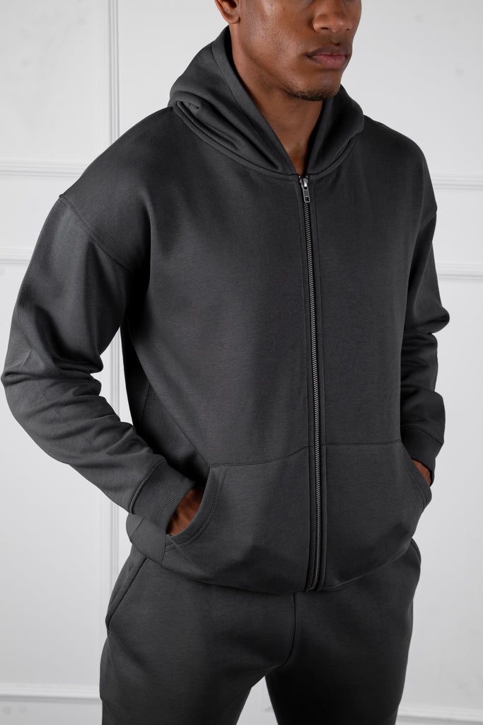 Relaxed Fit Zip Through Hoodie - Charcoal