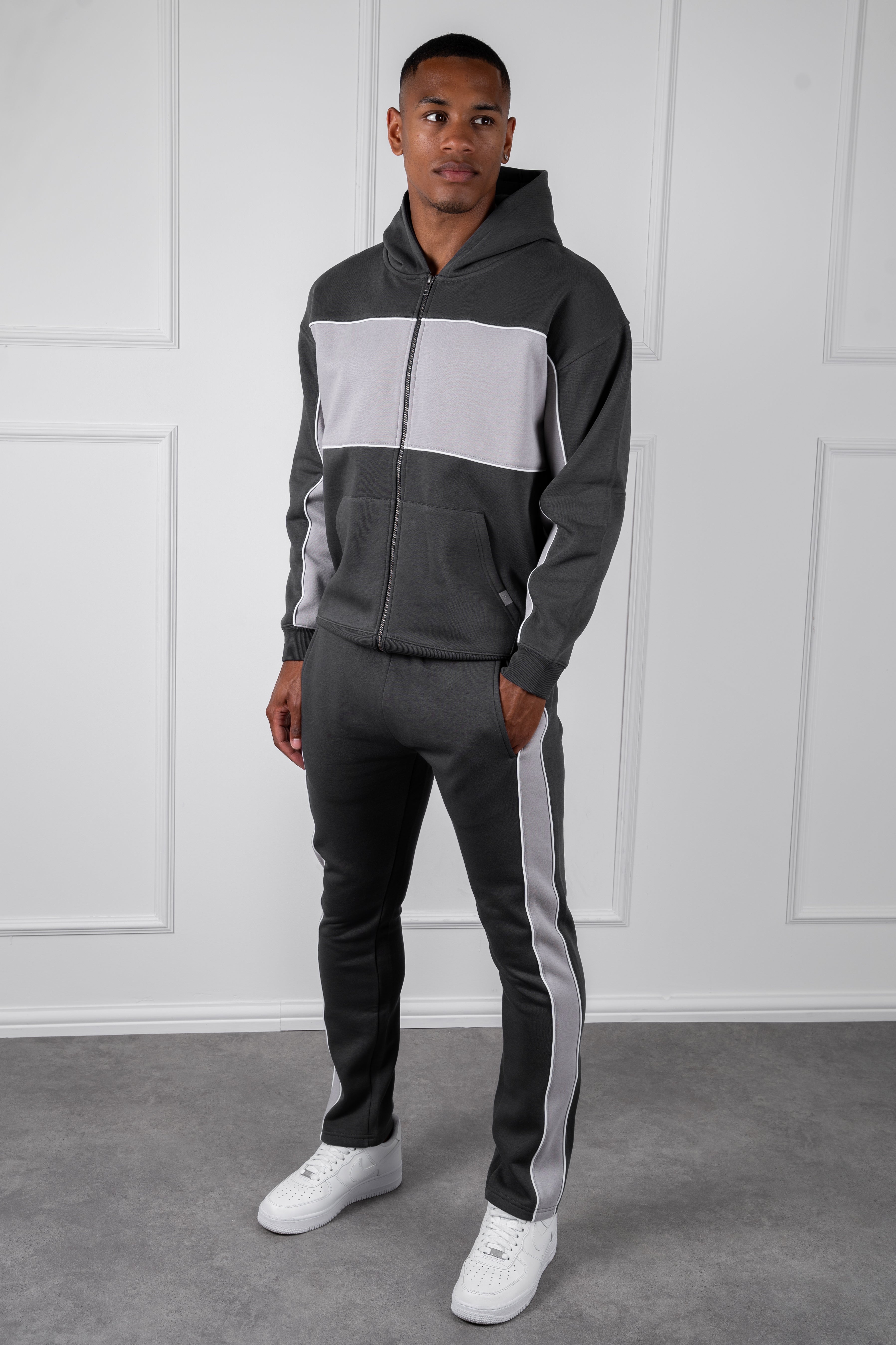 Panelled Relaxed Zip Through Hoodie - Charcoal