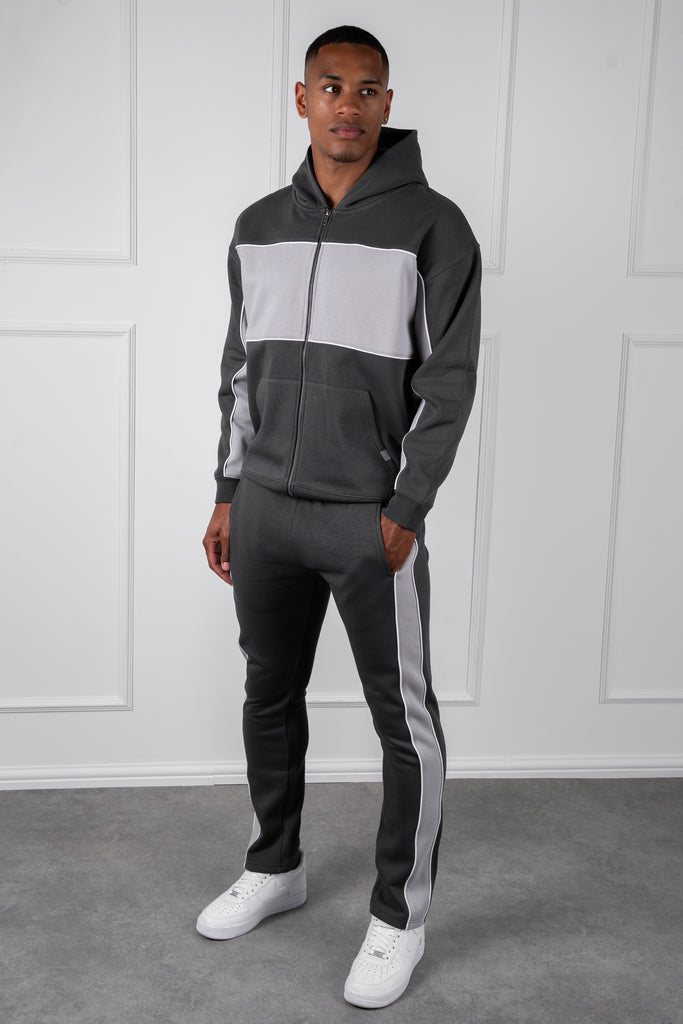 Panelled Relaxed Zip Through Hoodie - Charcoal