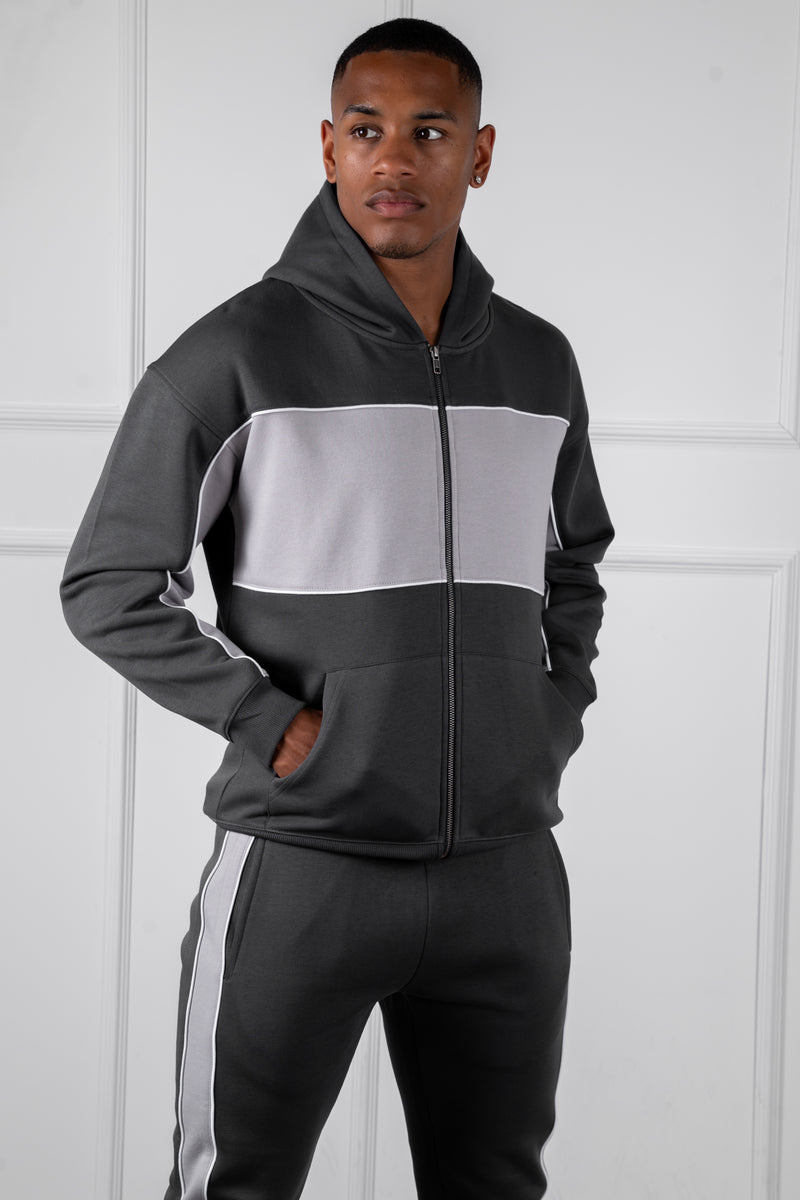 Panelled Relaxed Zip Through Hoodie - Charcoal