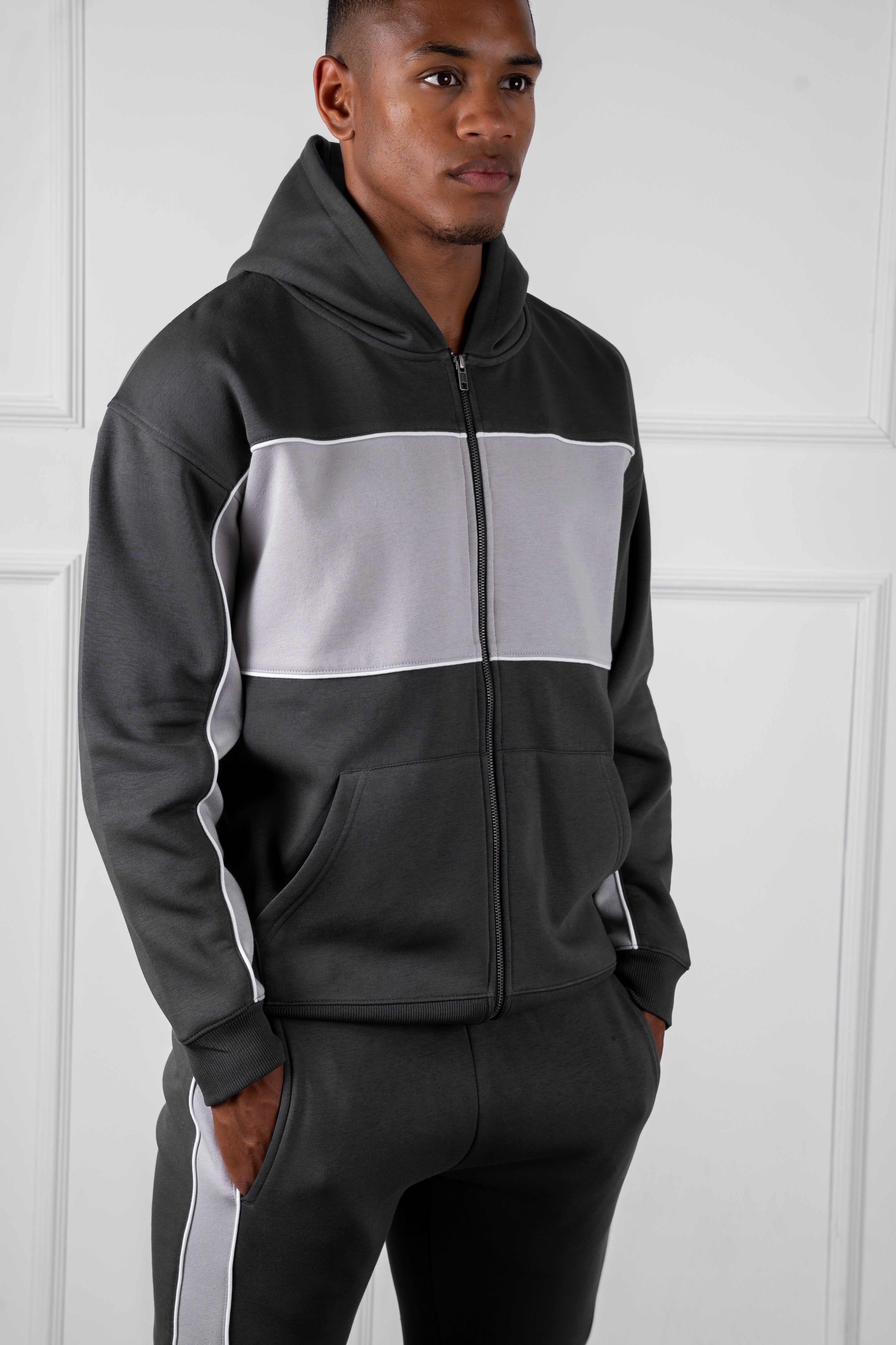 Panelled Relaxed Zip Through Hoodie - Charcoal