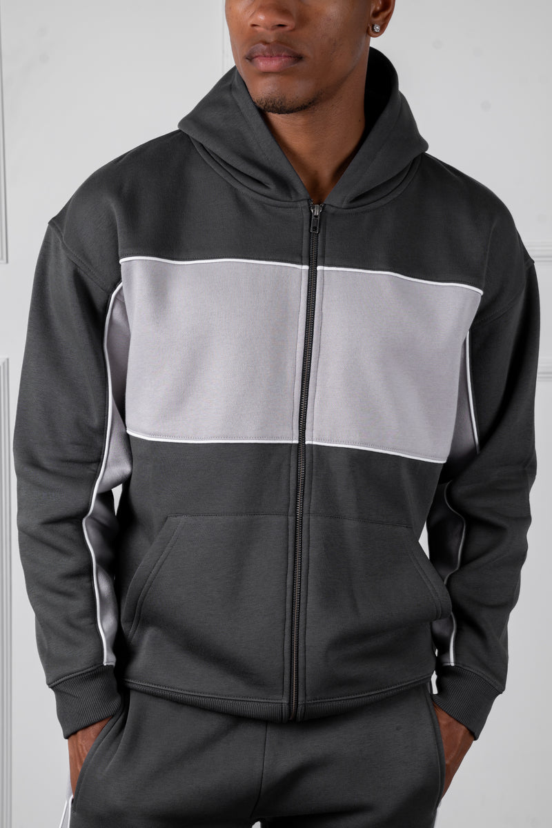 Panelled Relaxed Zip Through Hoodie - Charcoal