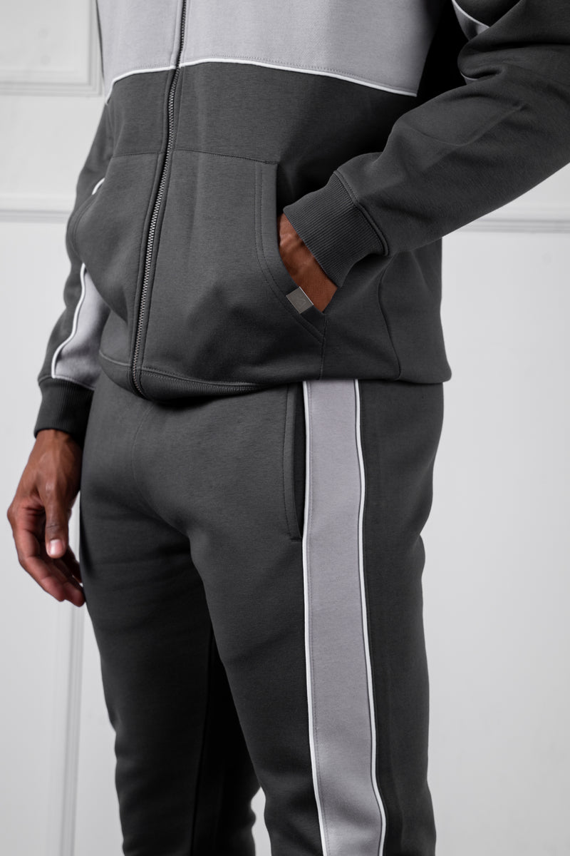 Panelled Relaxed Zip Through Hoodie - Charcoal
