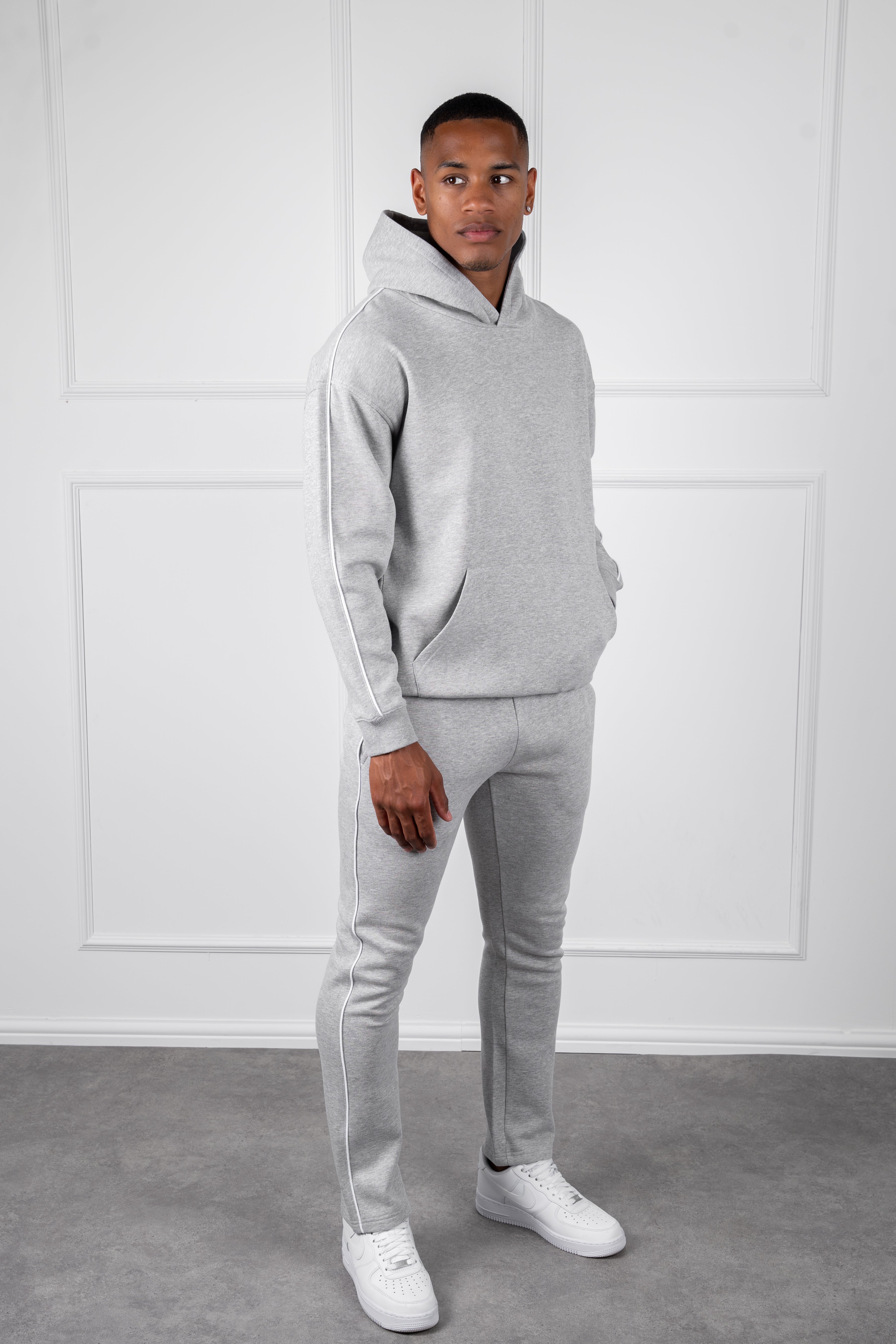 Piping Detail Hoodie - Grey Marl
