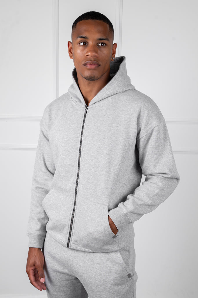 Relaxed Fit Zip Through Hoodie - Grey Marl