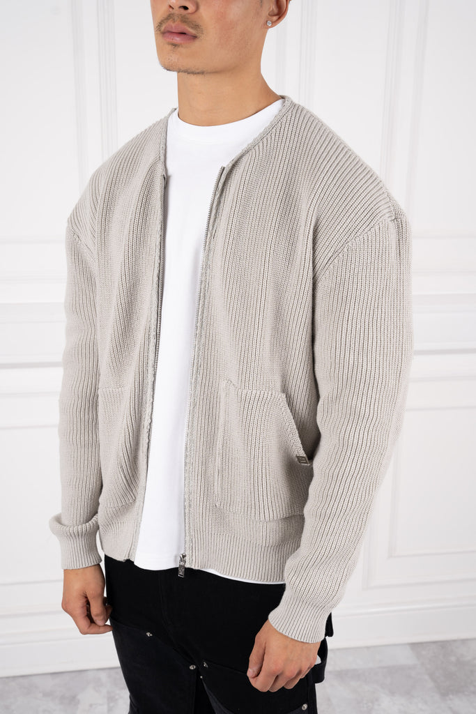 Collarless Ribbed Bomber Jacket - Grey