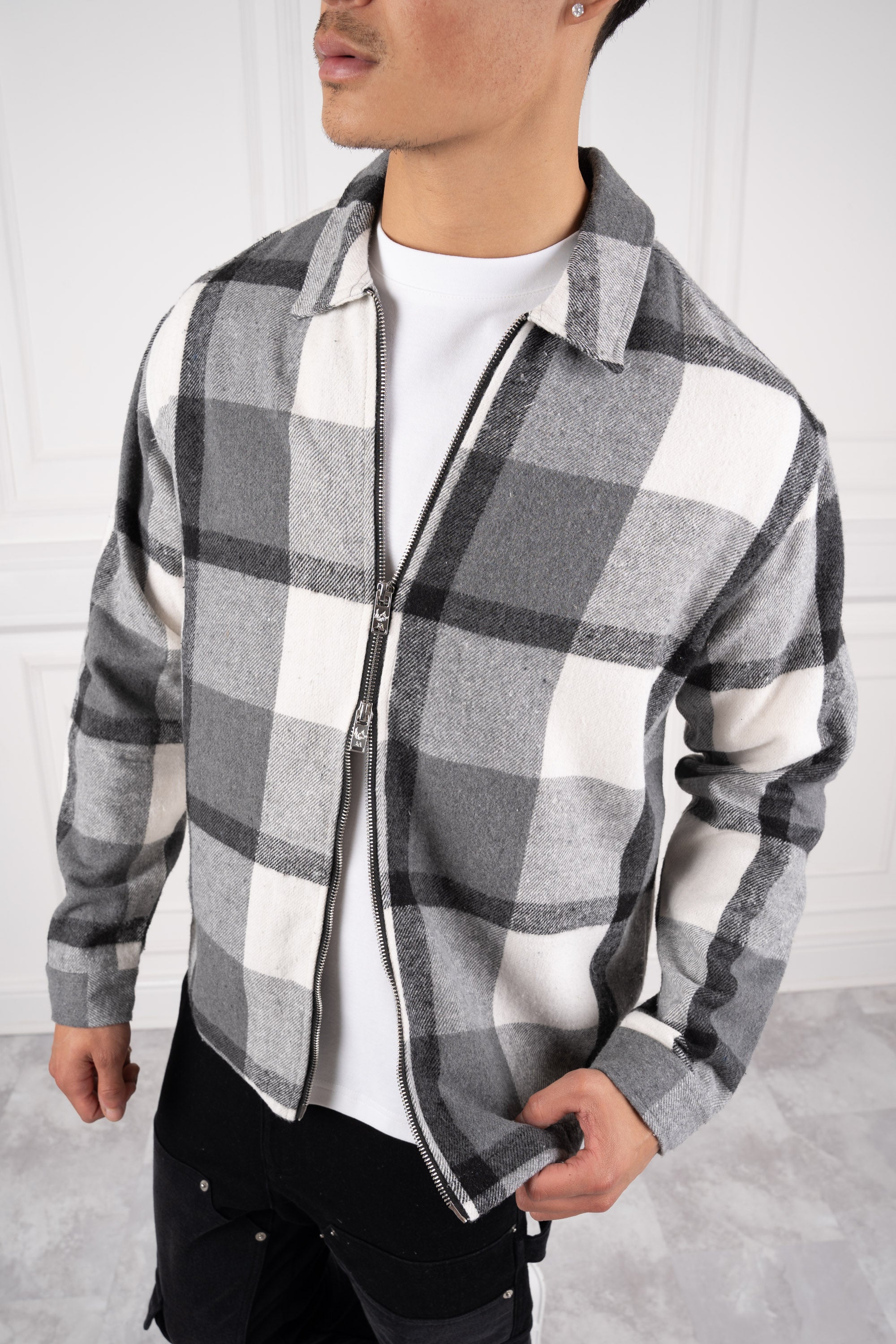 Boxy Checked Double Zip Shirt - Grey