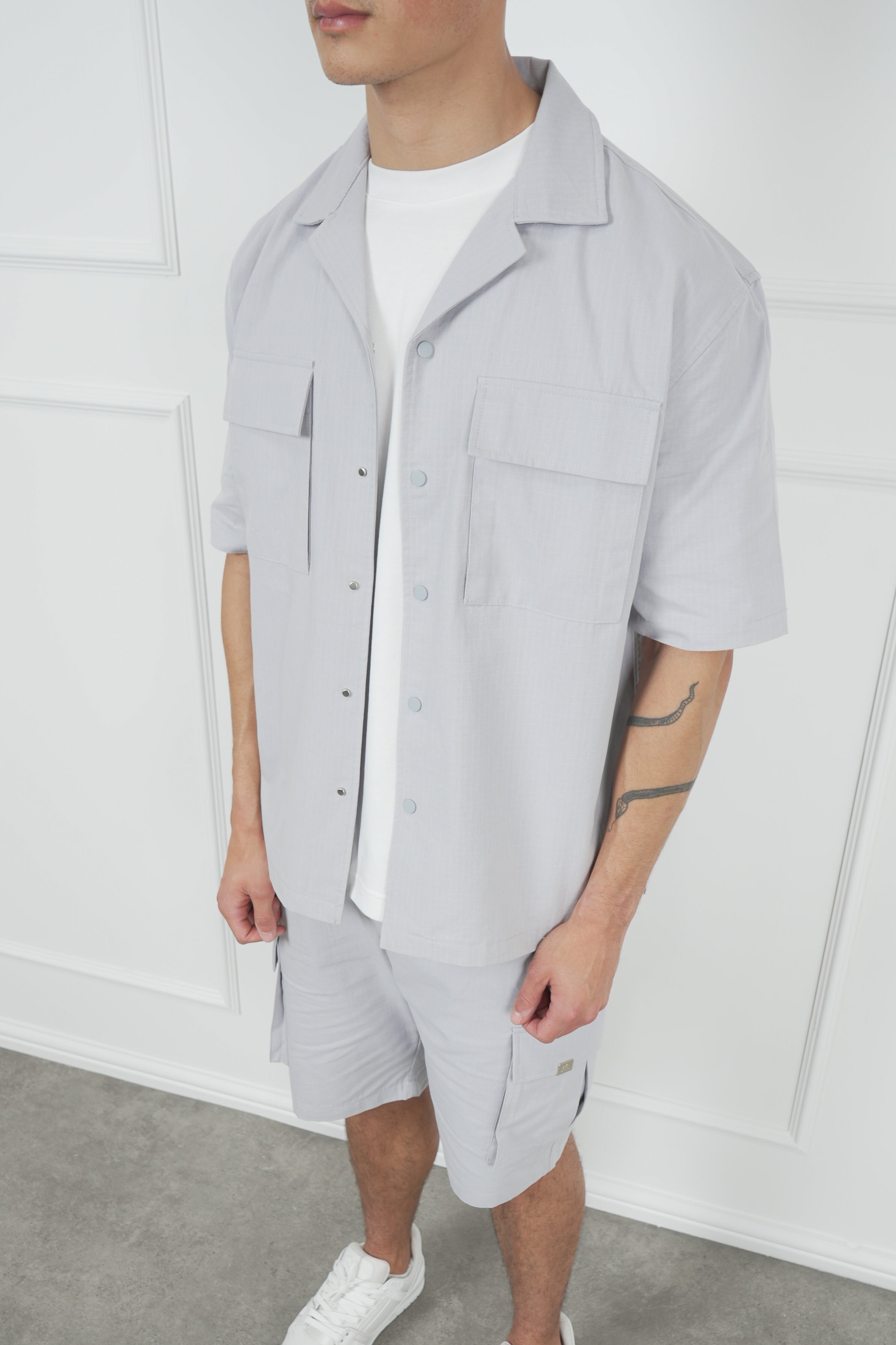 Boxy Ripstop Oversized Shirt - Light Grey