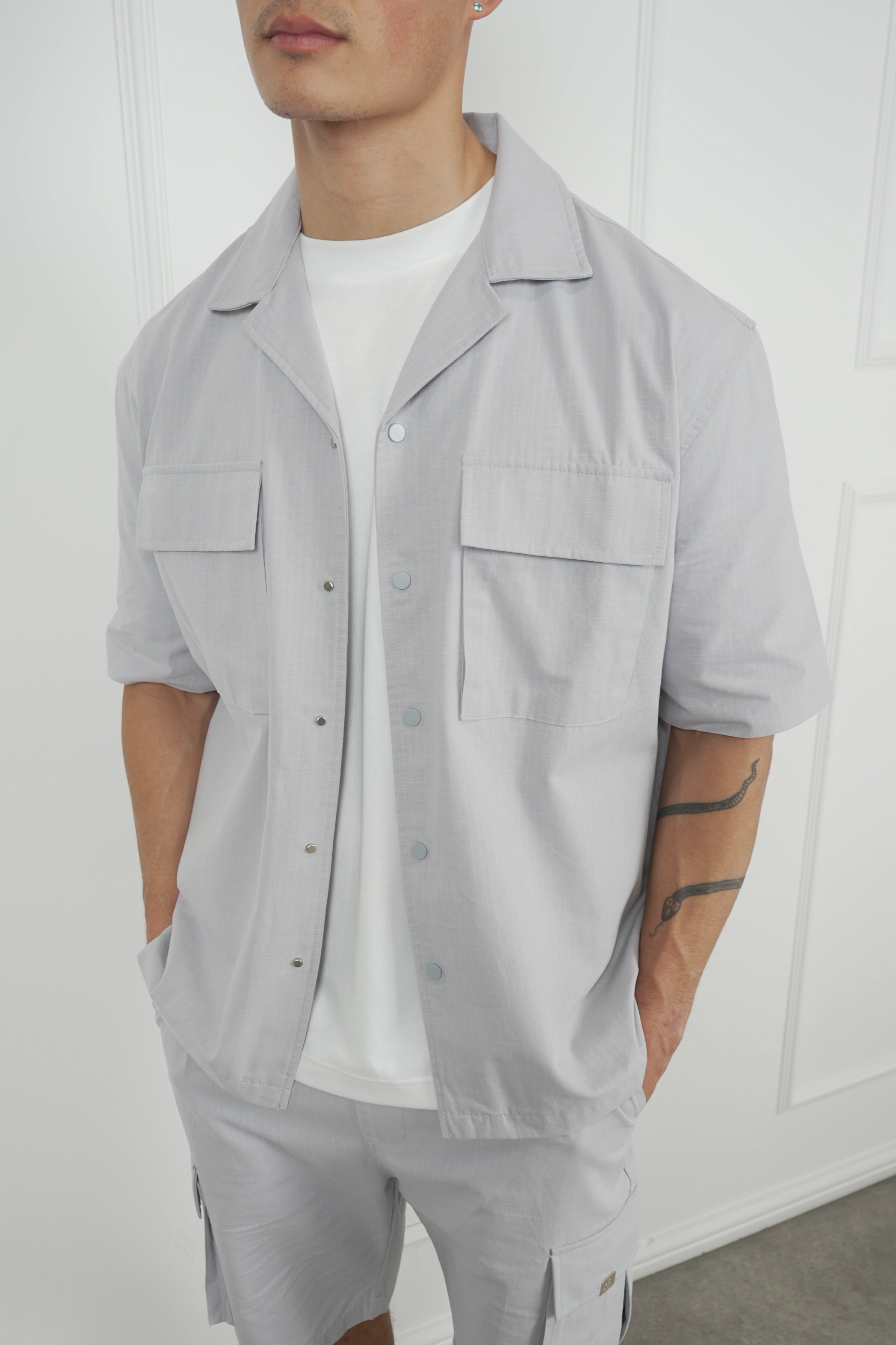 Boxy Ripstop Oversized Shirt - Light Grey