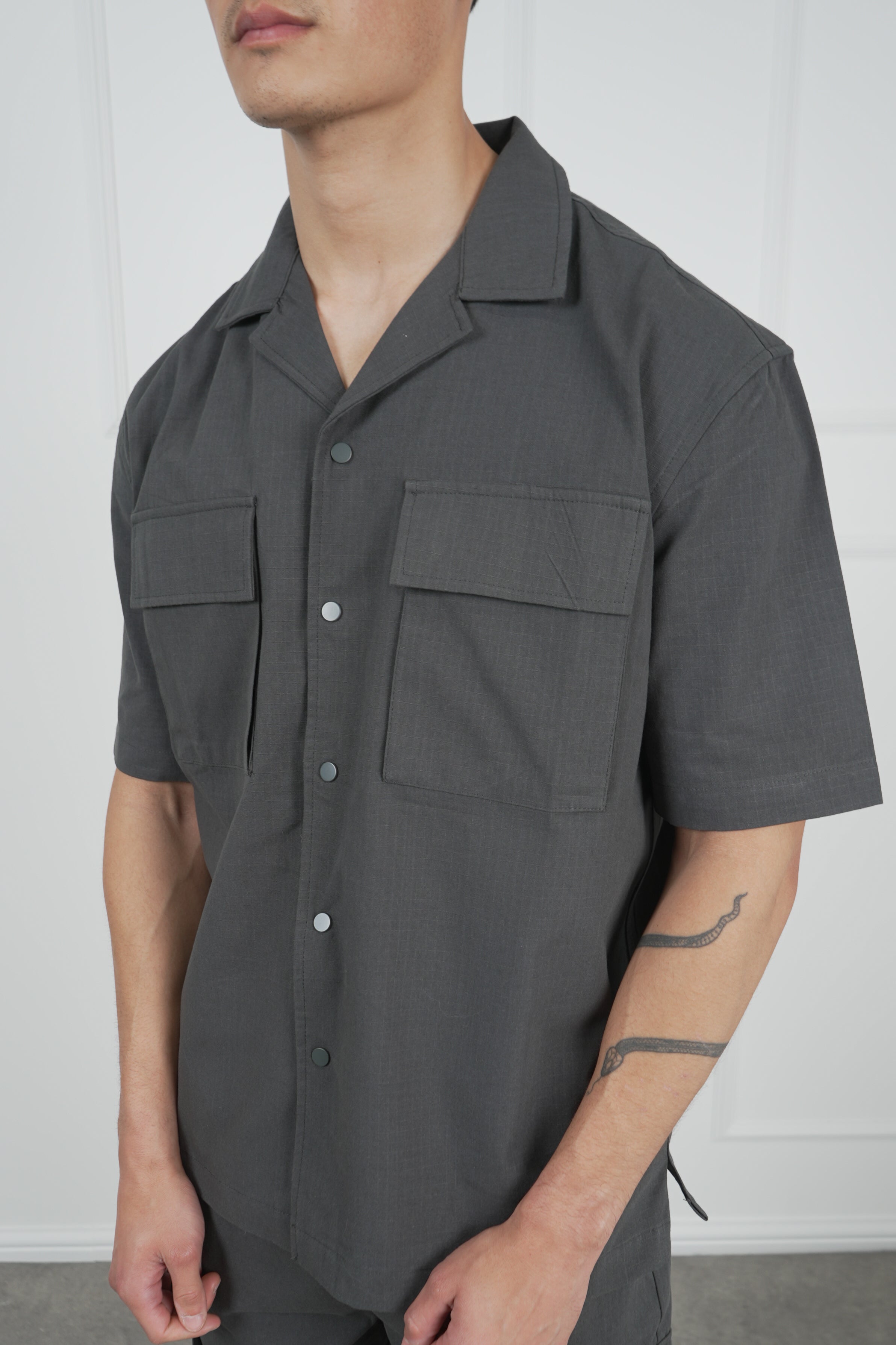 Boxy Ripstop Oversized Shirt - Charcoal