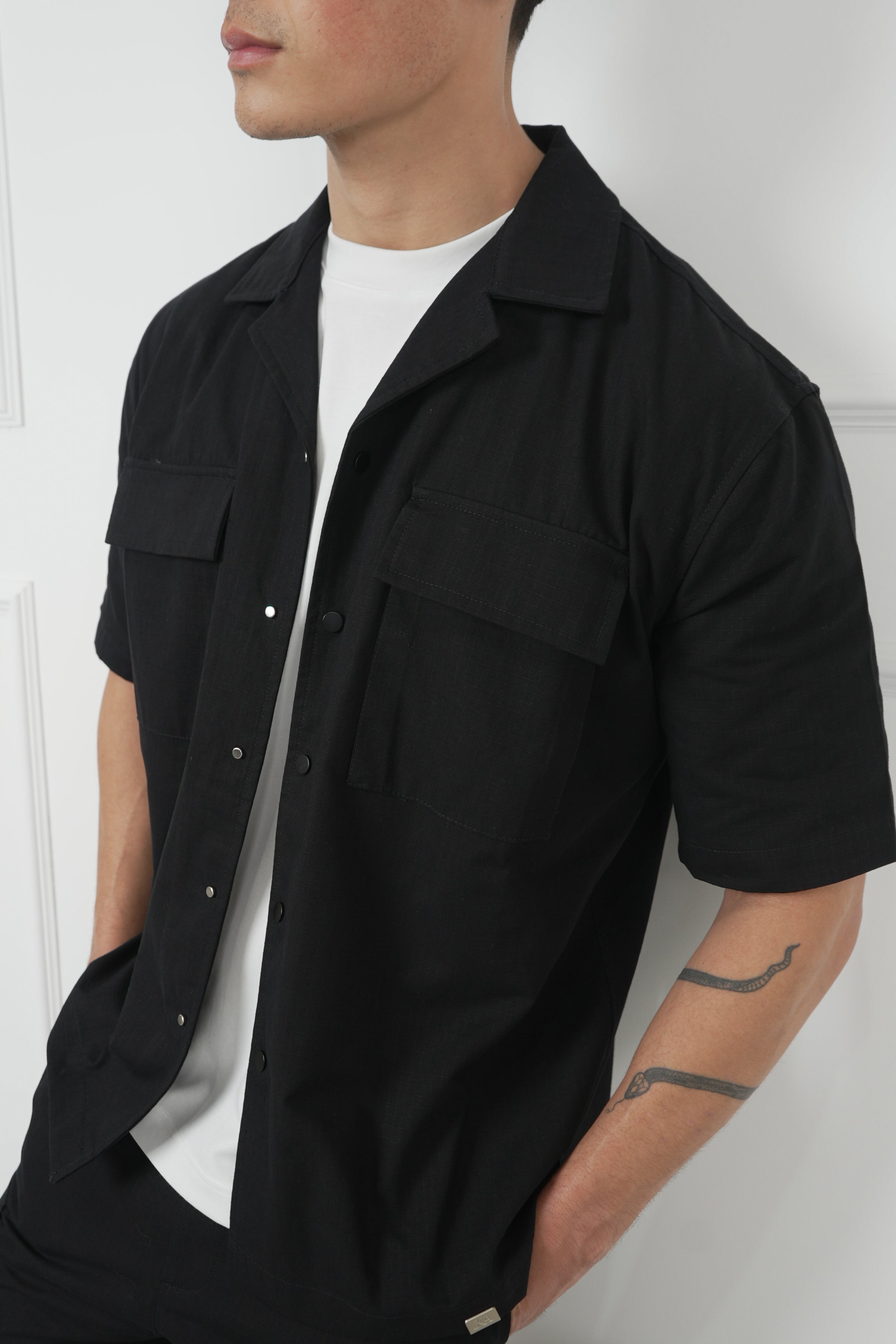 Boxy Ripstop Oversized Shirt - Black