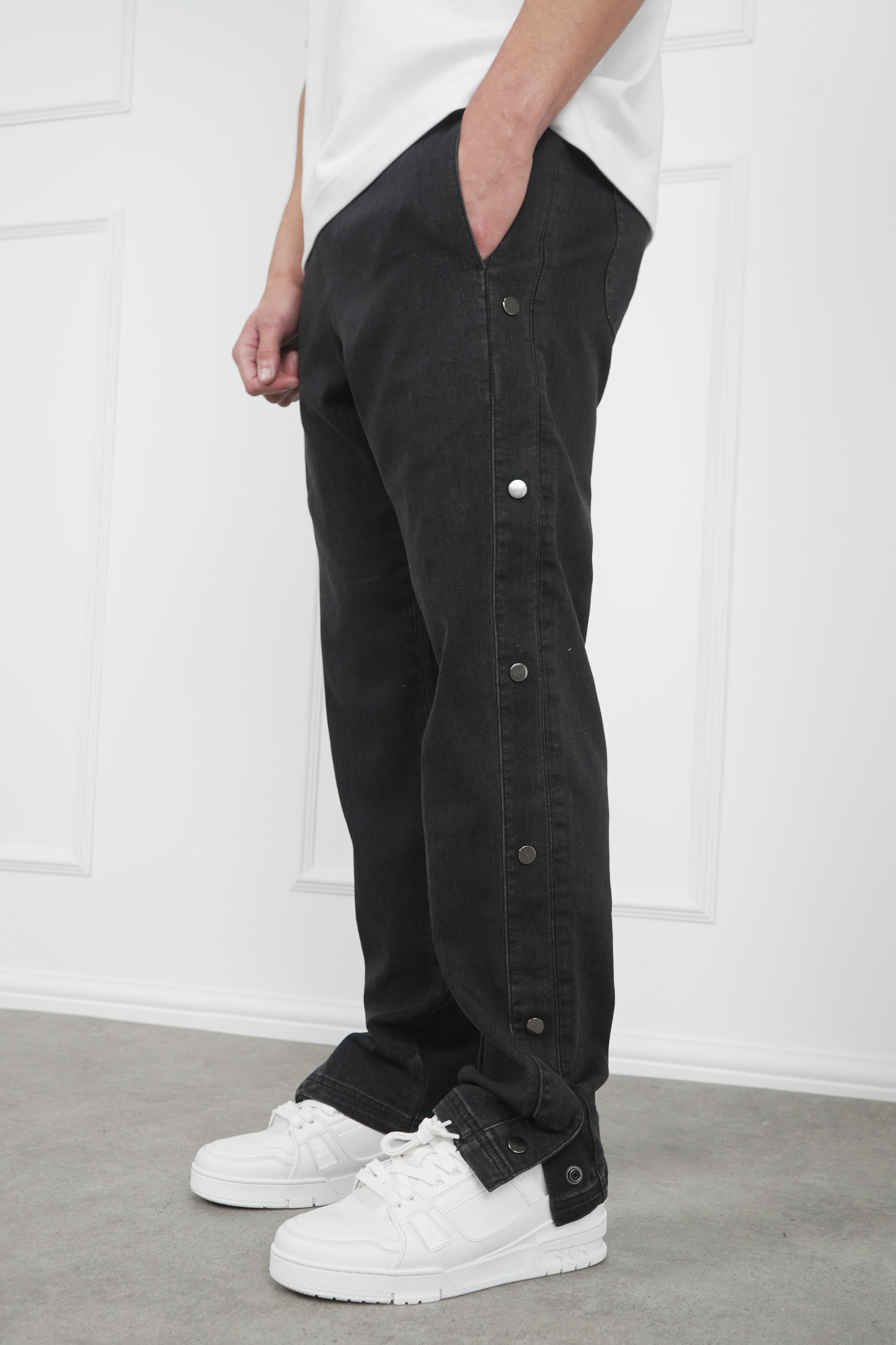 Denim Popper Cargo Pant - Washed Black
