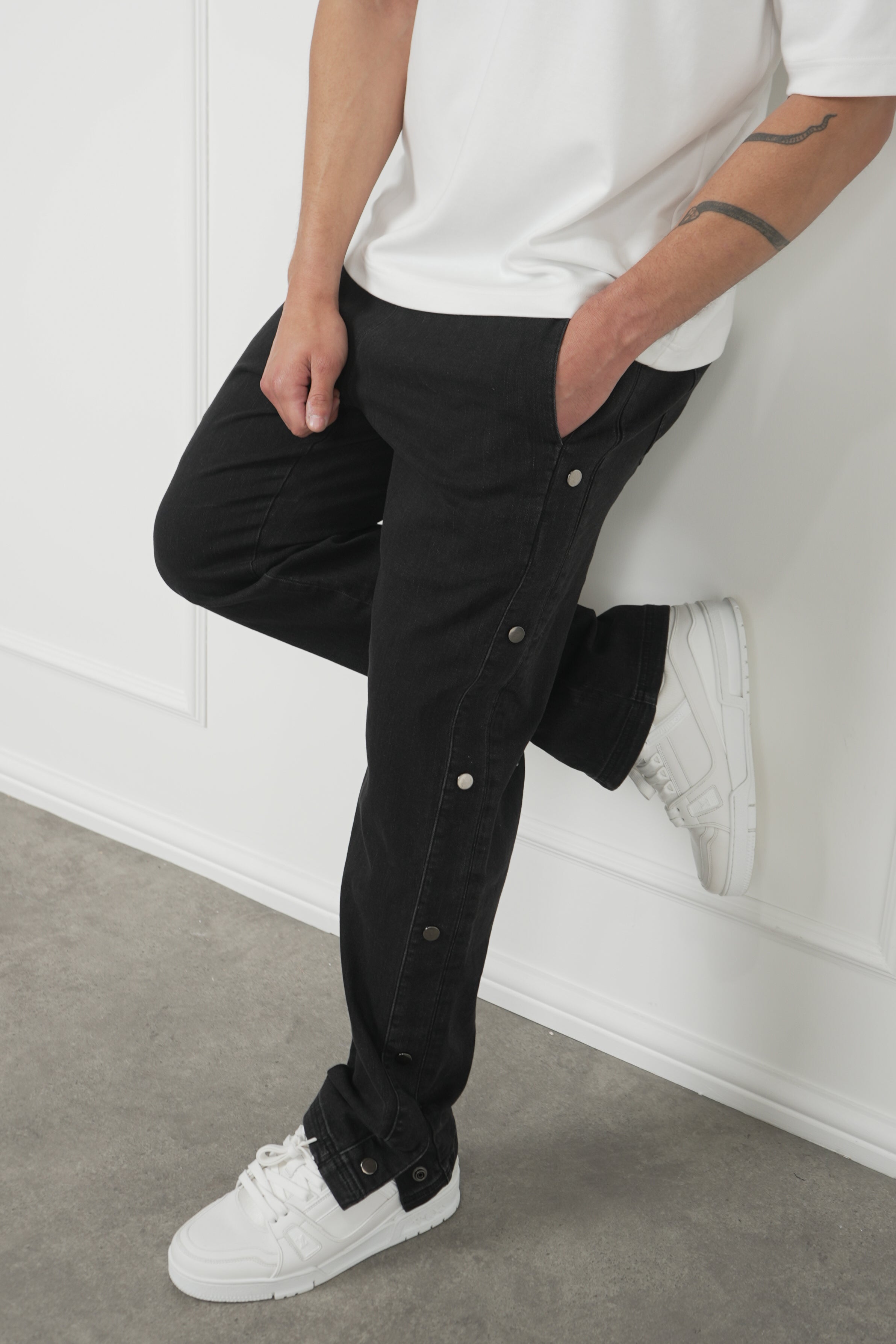 Denim Popper Cargo Pant - Washed Black