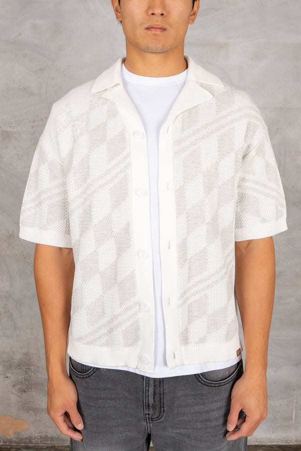 Boxy Checked Knitted Shirt - Grey/White