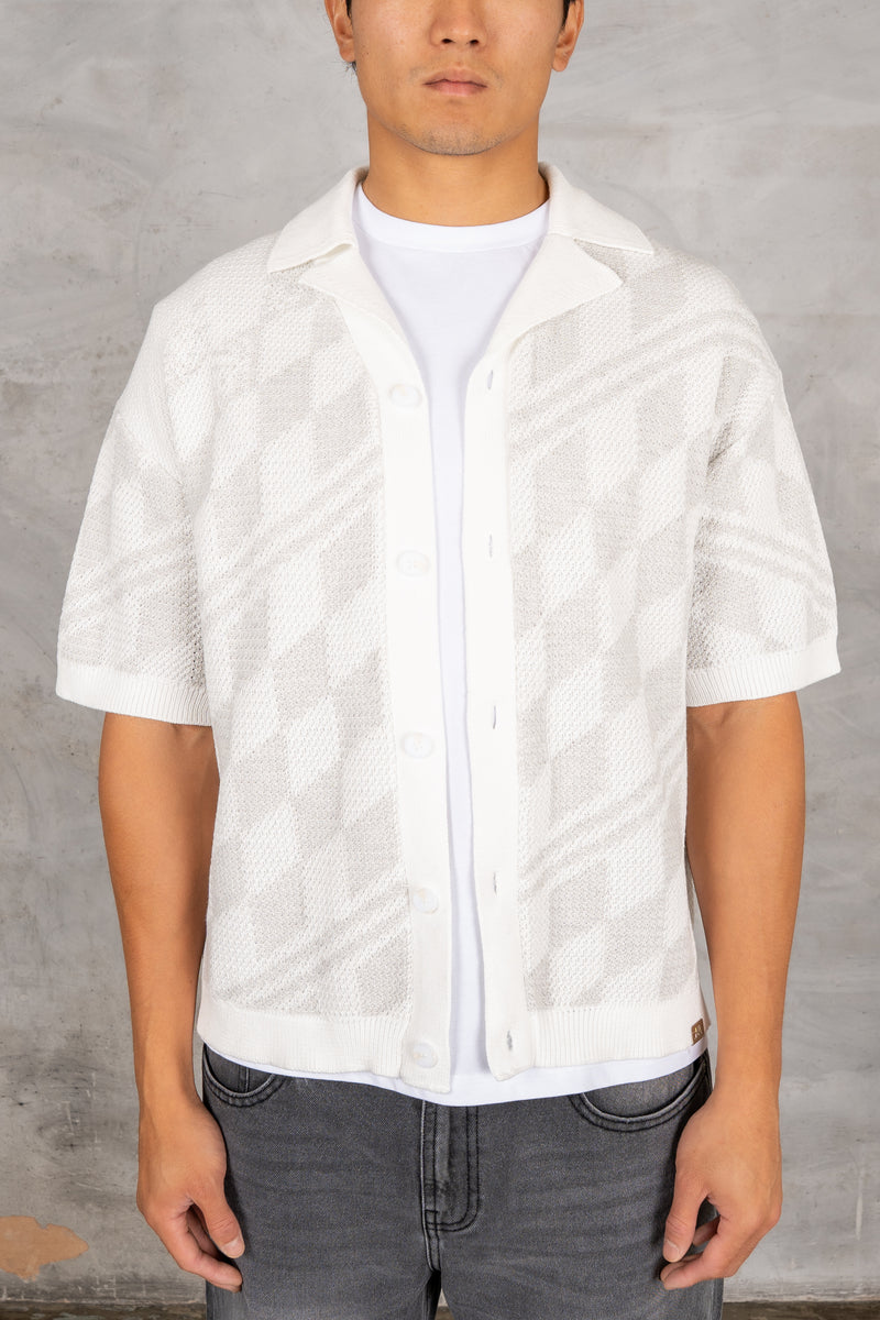 Boxy Checked Knitted Shirt - Grey/White