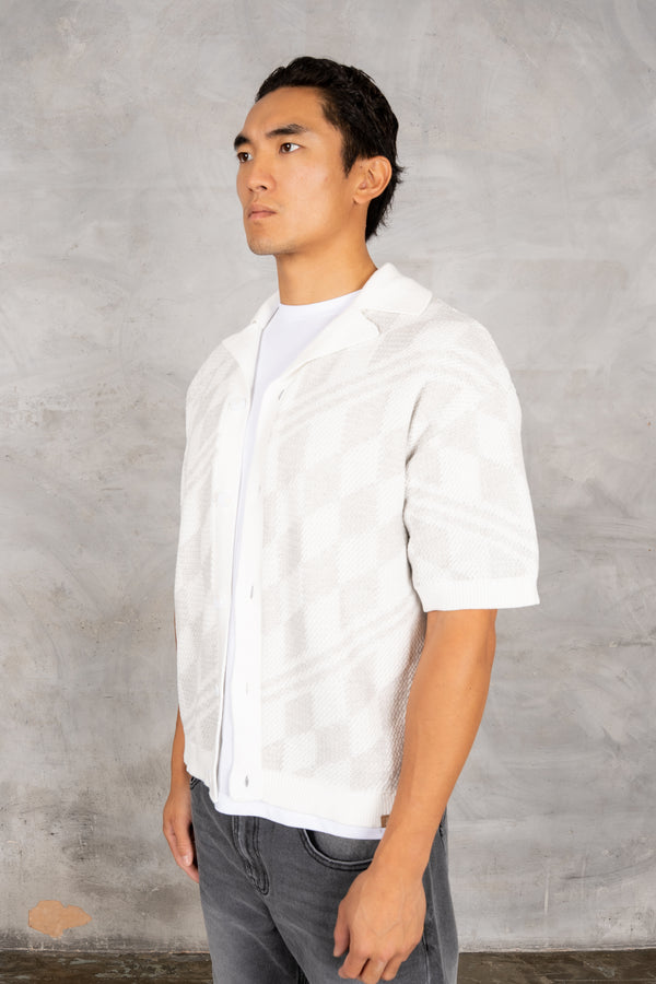 Boxy Checked Knitted Shirt - Grey/White