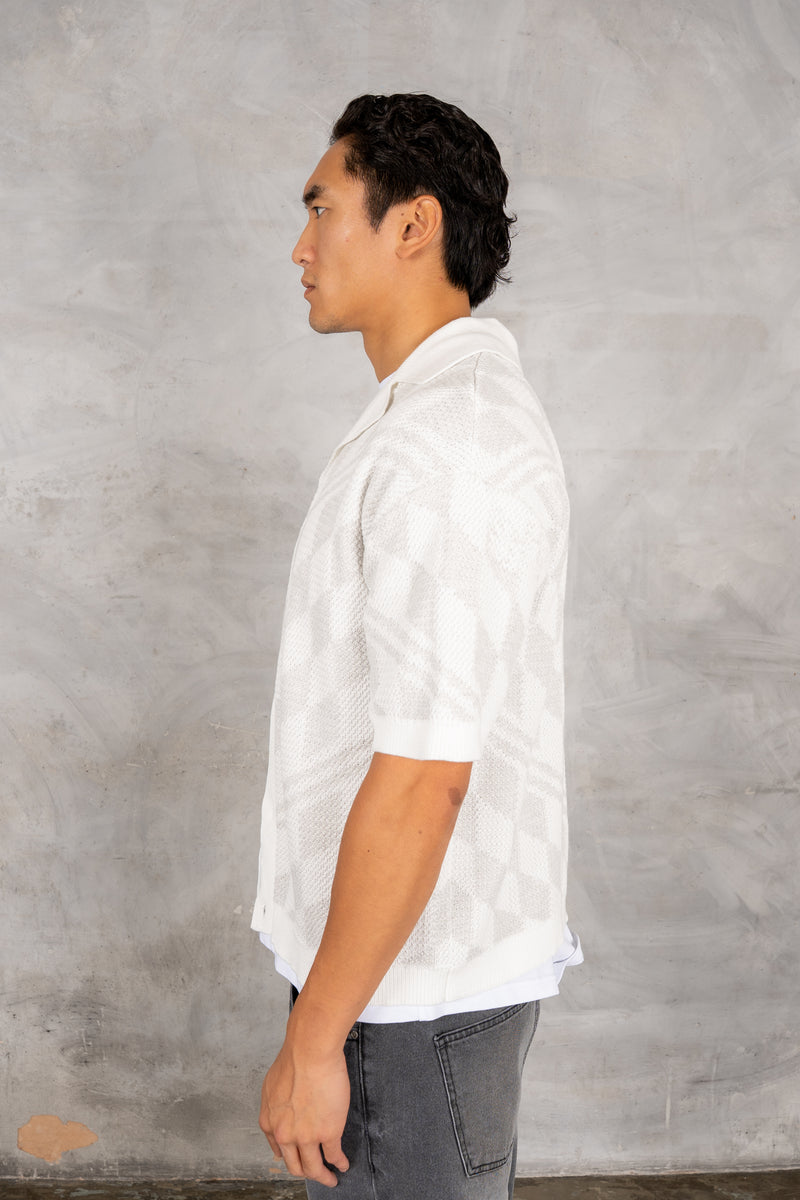 Boxy Checked Knitted Shirt - Grey/White