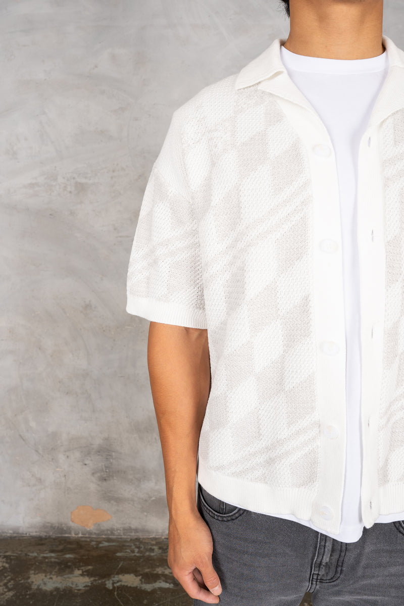 Boxy Checked Knitted Shirt - Grey/White