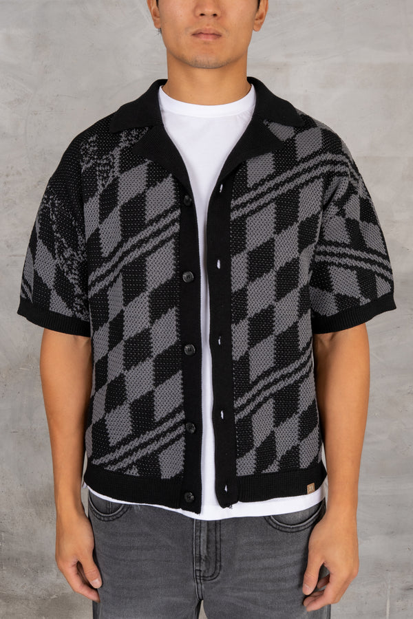 Boxy Checked Knitted Shirt - Black/Charcoal