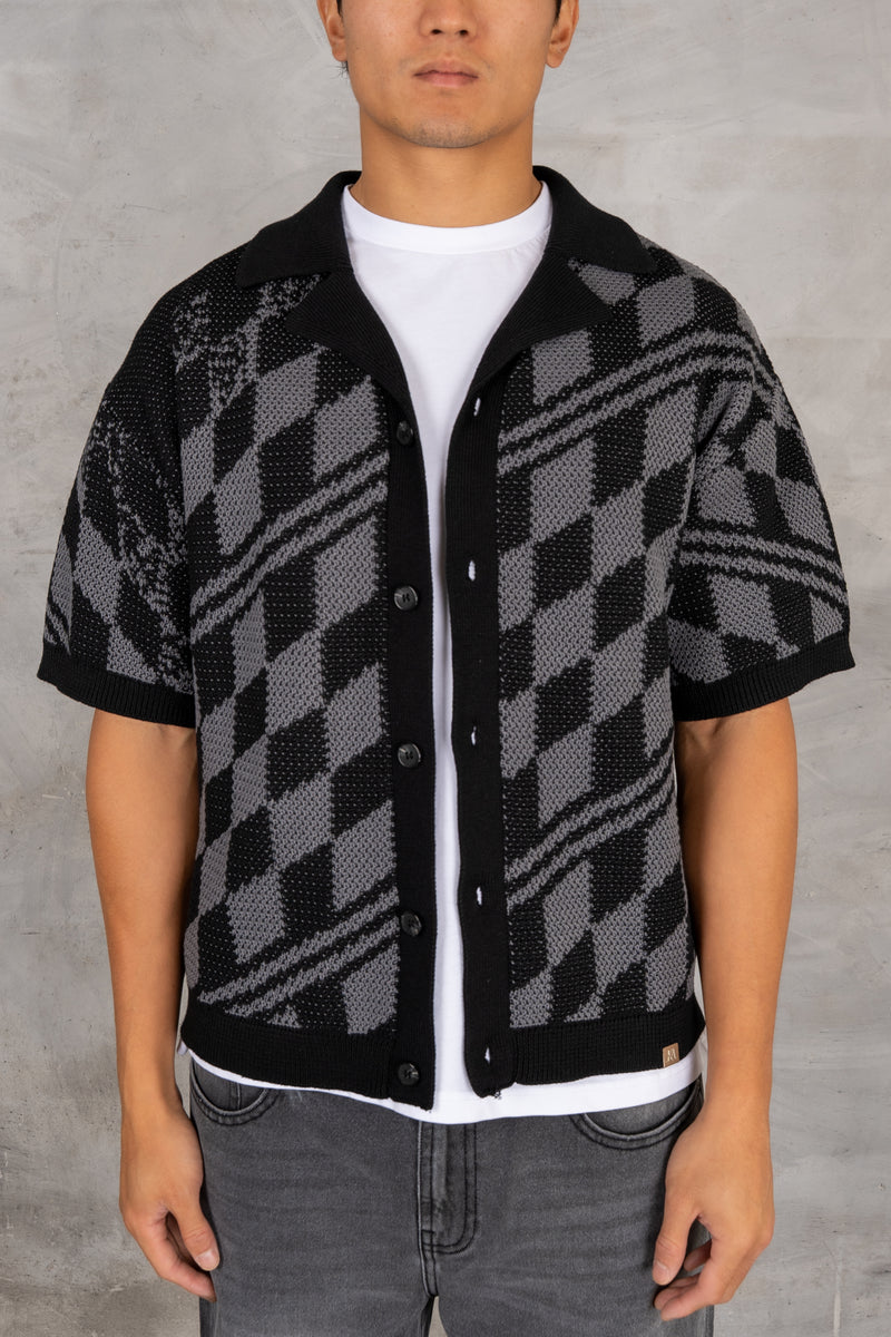 Boxy Checked Knitted Shirt - Black/Charcoal