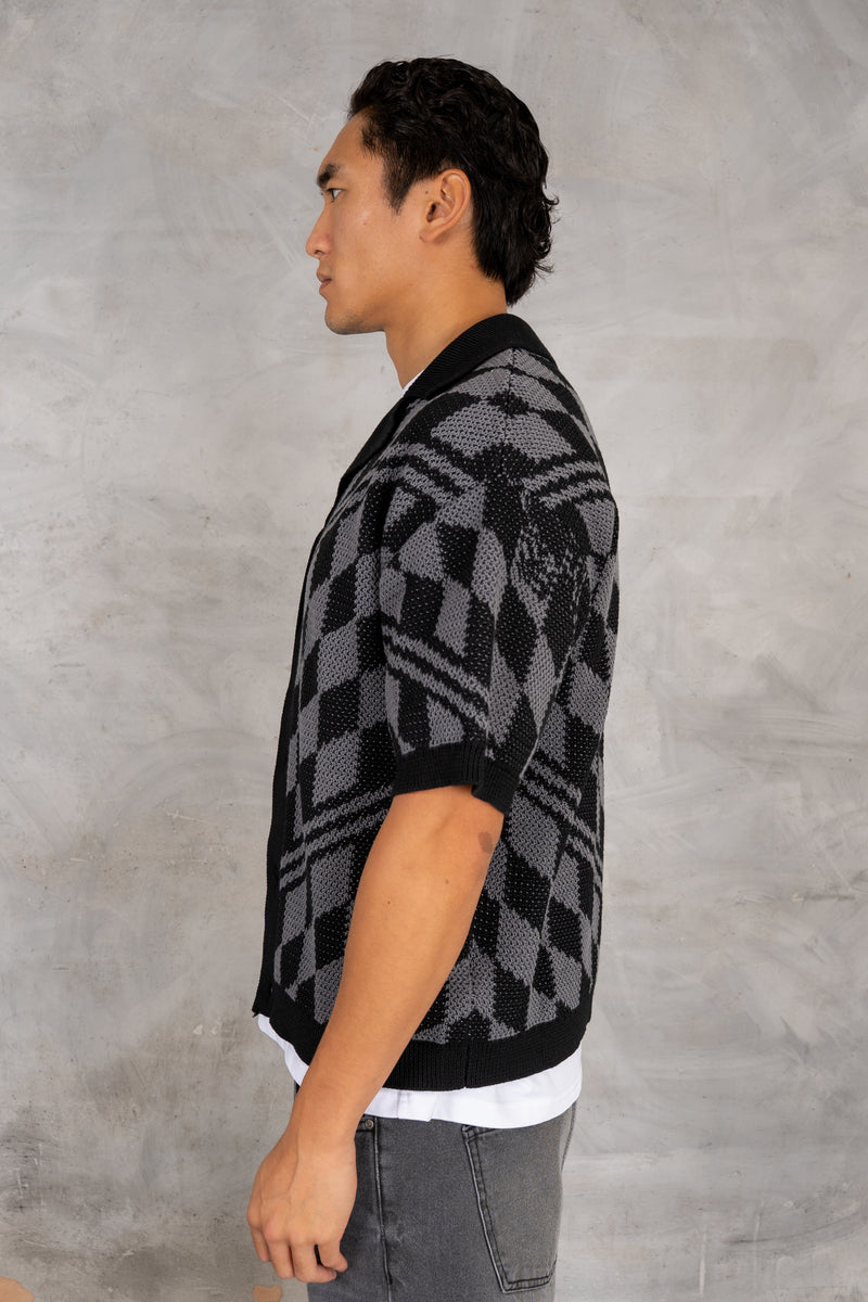 Boxy Checked Knitted Shirt - Black/Charcoal