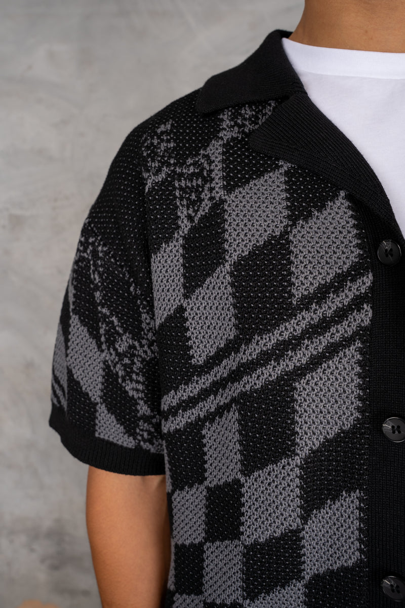 Boxy Checked Knitted Shirt - Black/Charcoal