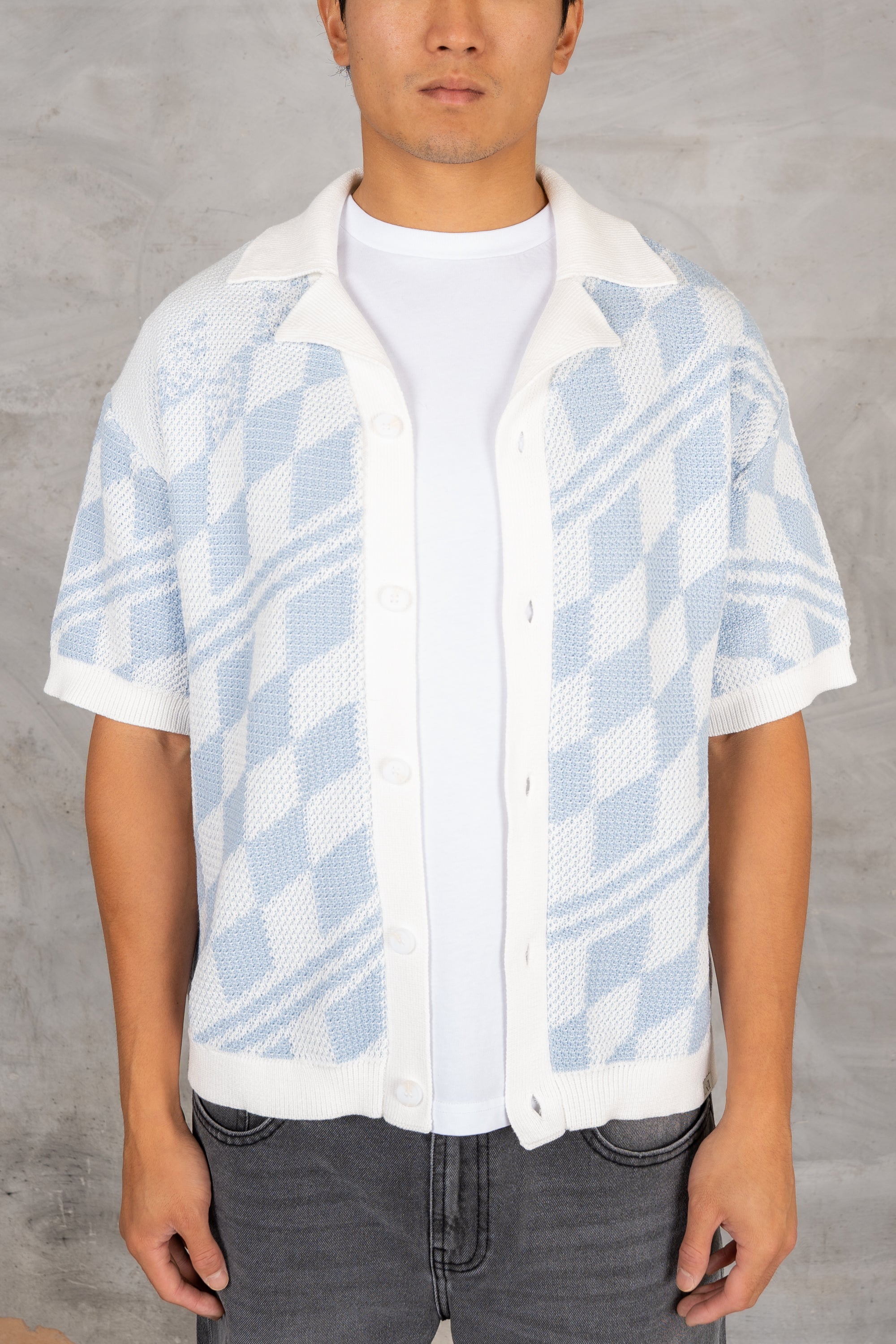 Boxy Checked Knitted Shirt - Pale Blue/White