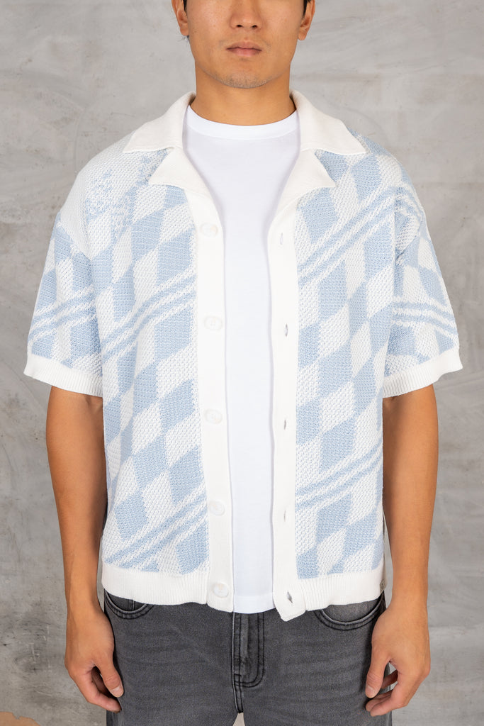 Boxy Checked Knitted Shirt - Pale Blue/White
