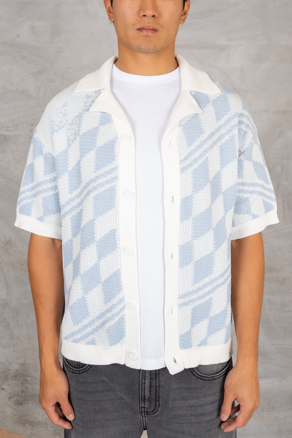 Boxy Checked Knitted Shirt - Pale Blue/White
