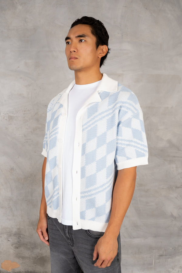 Boxy Checked Knitted Shirt - Pale Blue/White