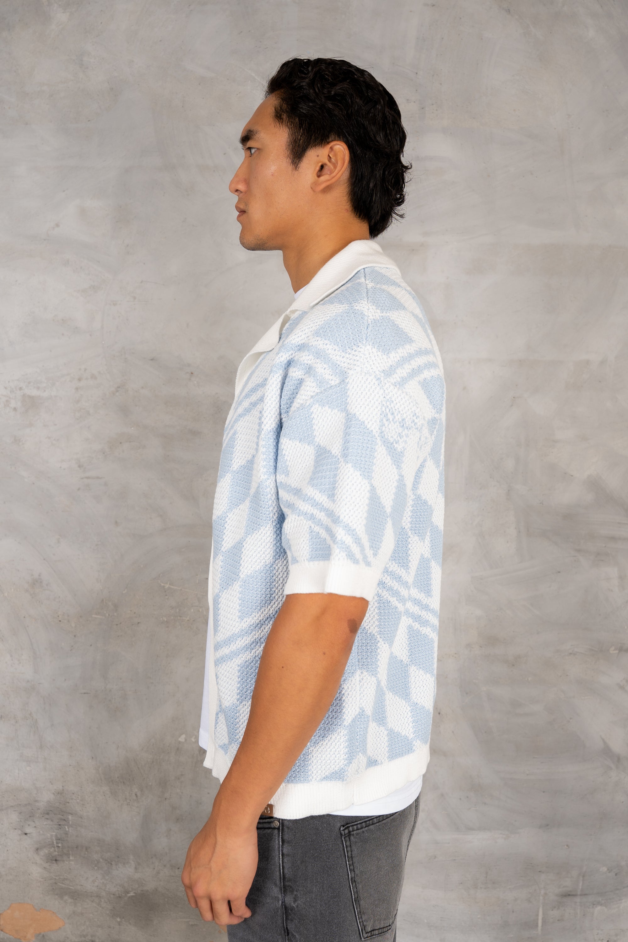 Boxy Checked Knitted Shirt - Pale Blue/White