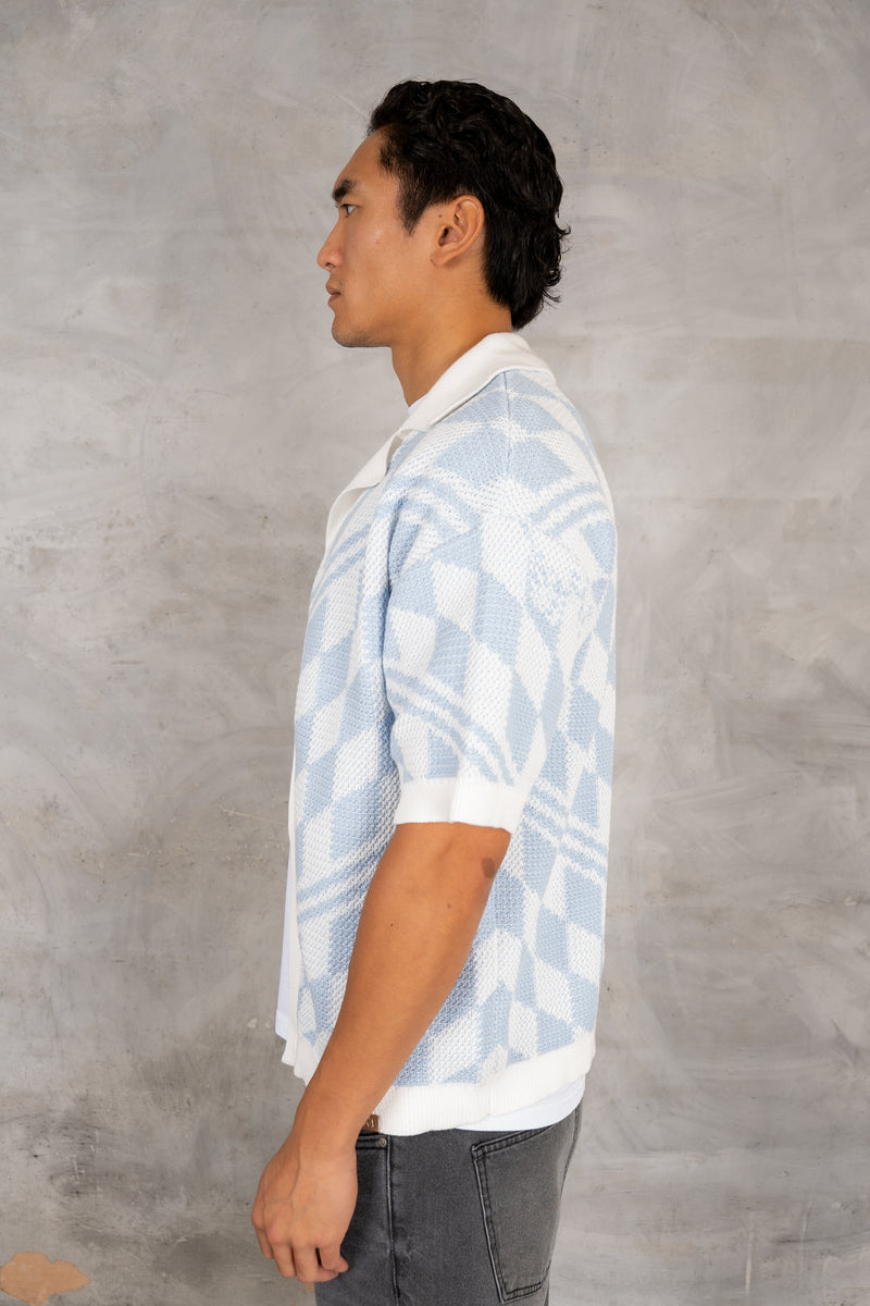 Boxy Checked Knitted Shirt - Pale Blue/White