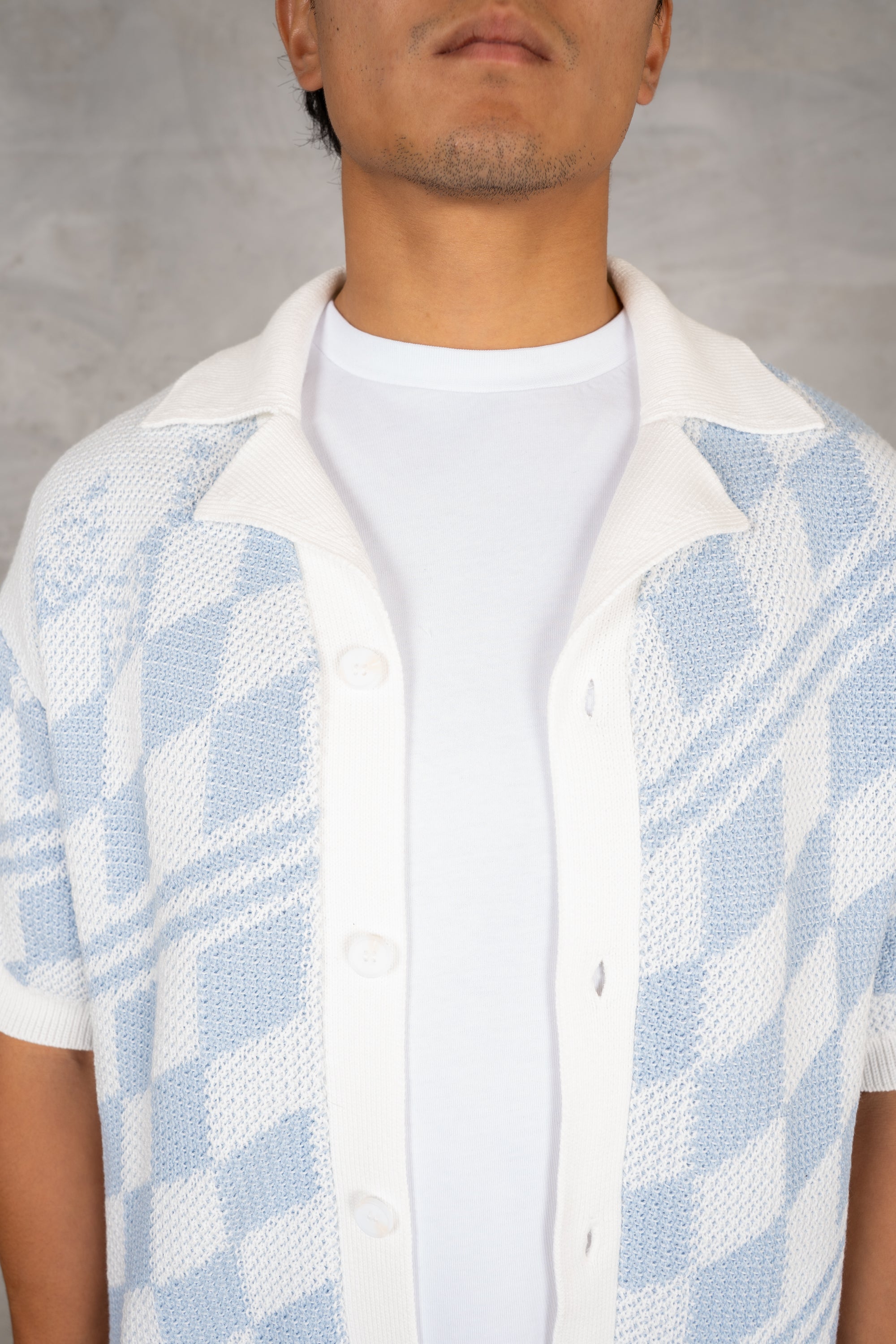 Boxy Checked Knitted Shirt - Pale Blue/White