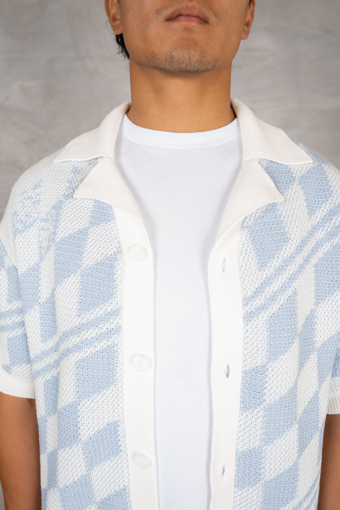 Boxy Checked Knitted Shirt - Pale Blue/White