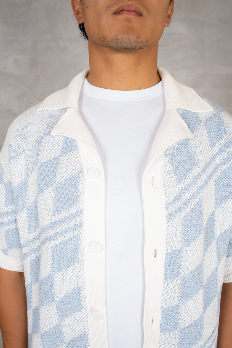 Boxy Checked Knitted Shirt - Pale Blue/White