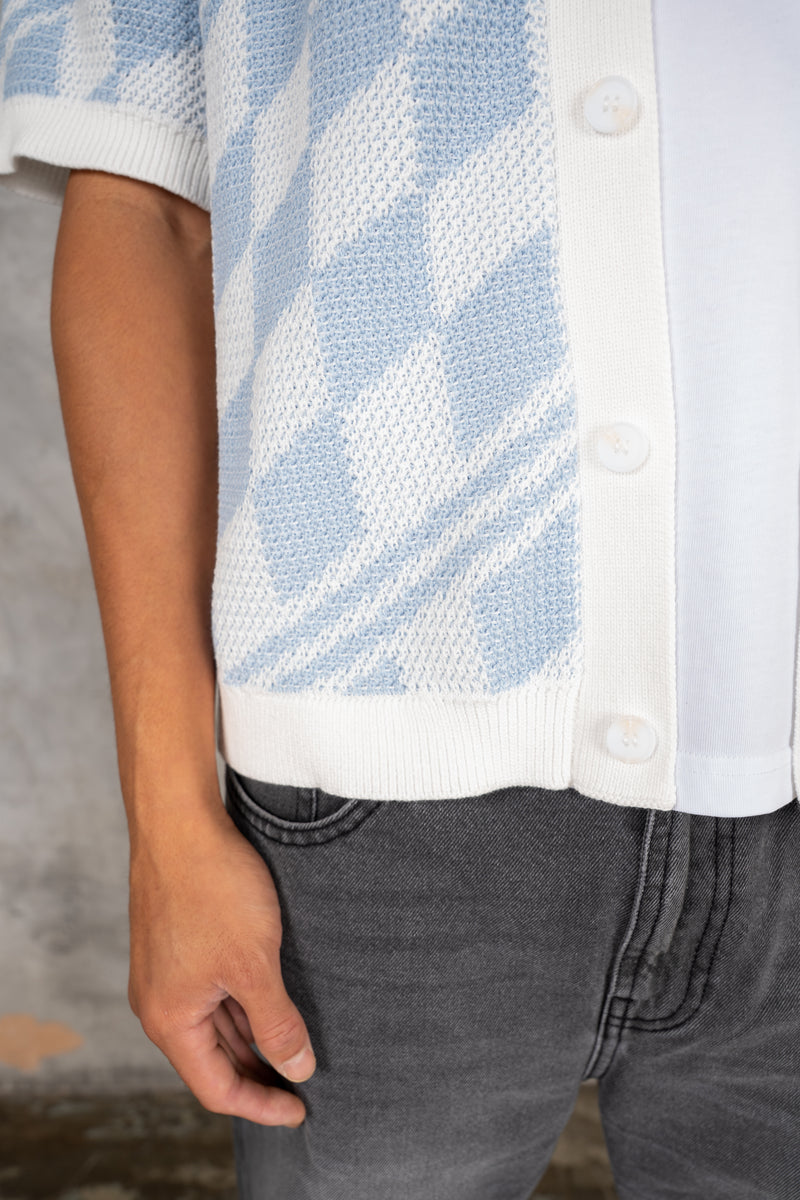 Boxy Checked Knitted Shirt - Pale Blue/White