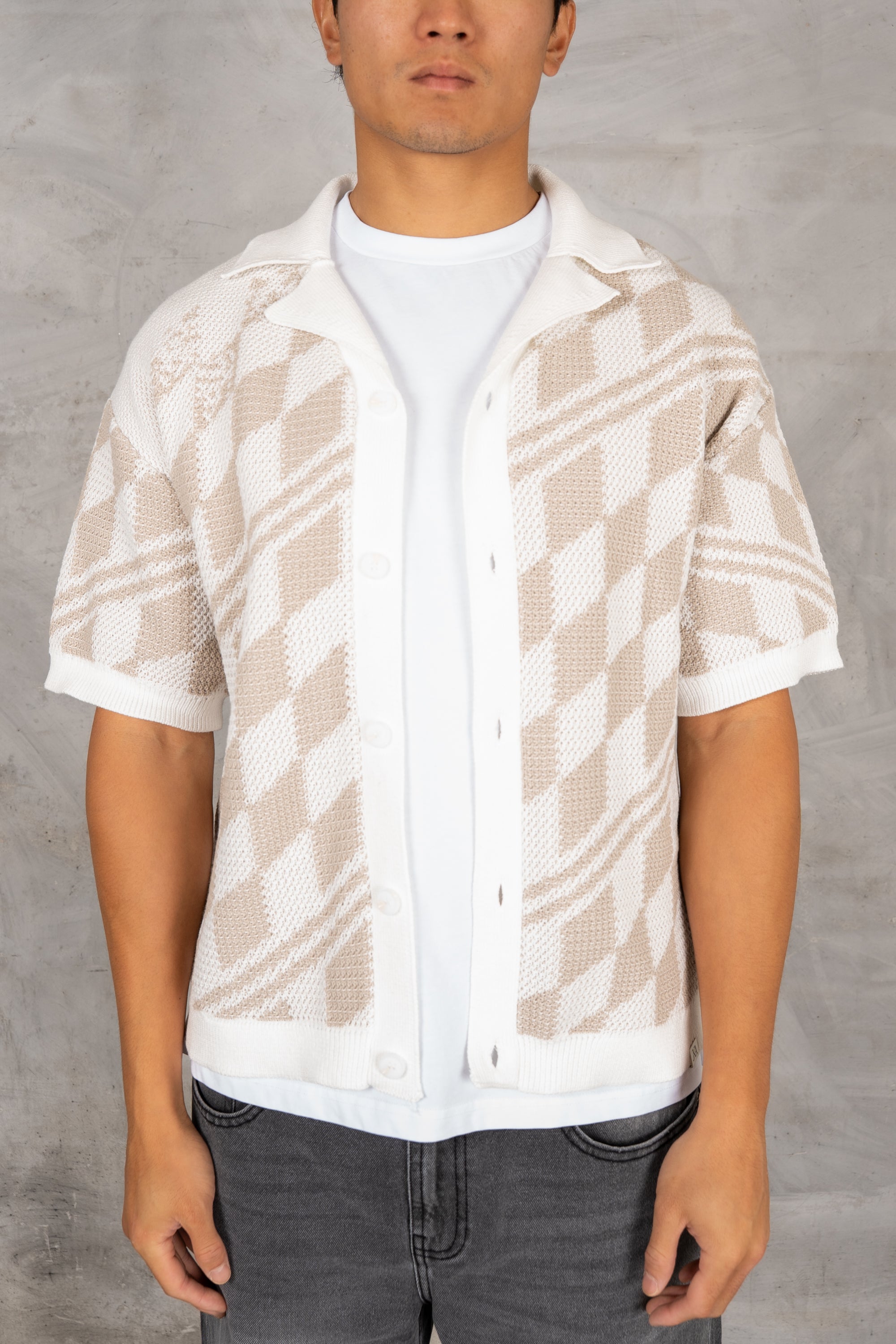Boxy Checked Knitted Shirt - Taupe