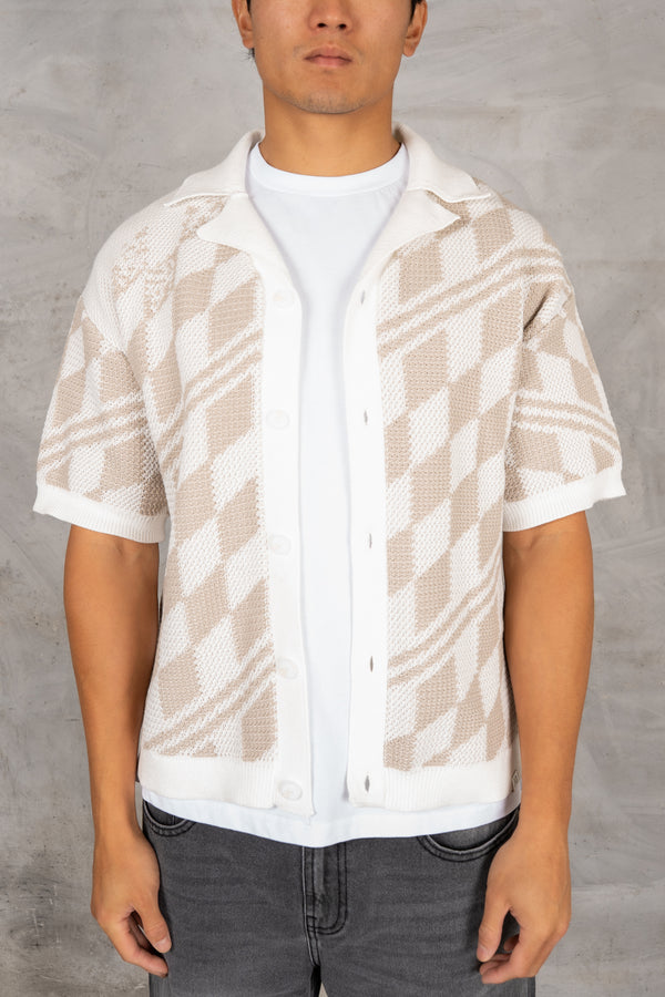 Boxy Checked Knitted Shirt - Taupe