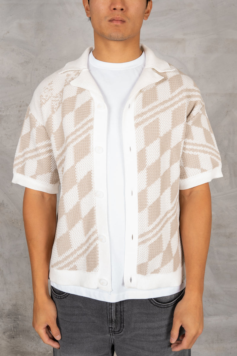 Boxy Checked Knitted Shirt - Taupe