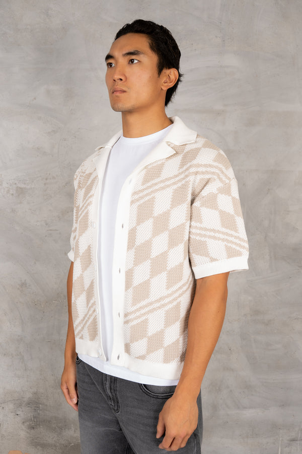 Boxy Checked Knitted Shirt - Taupe