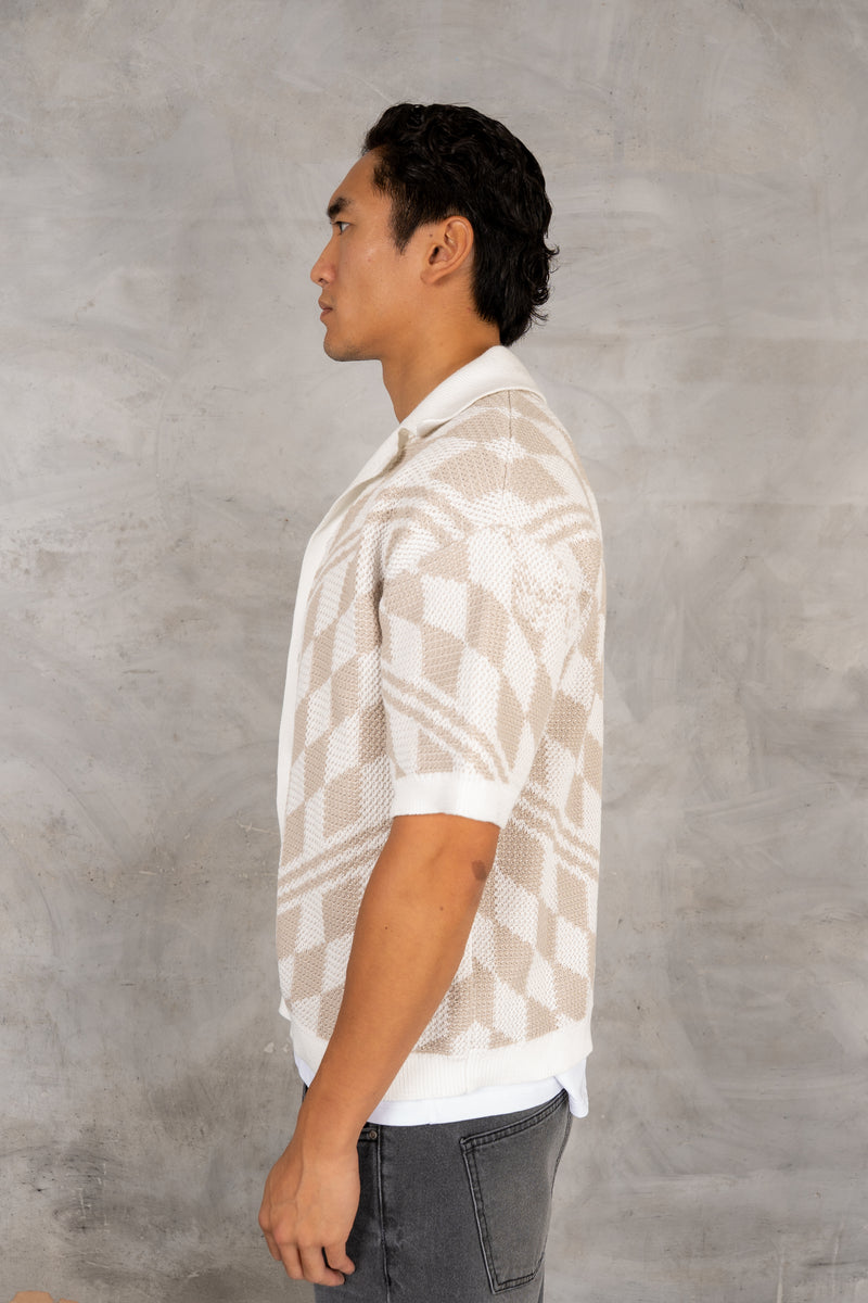 Boxy Checked Knitted Shirt - Taupe