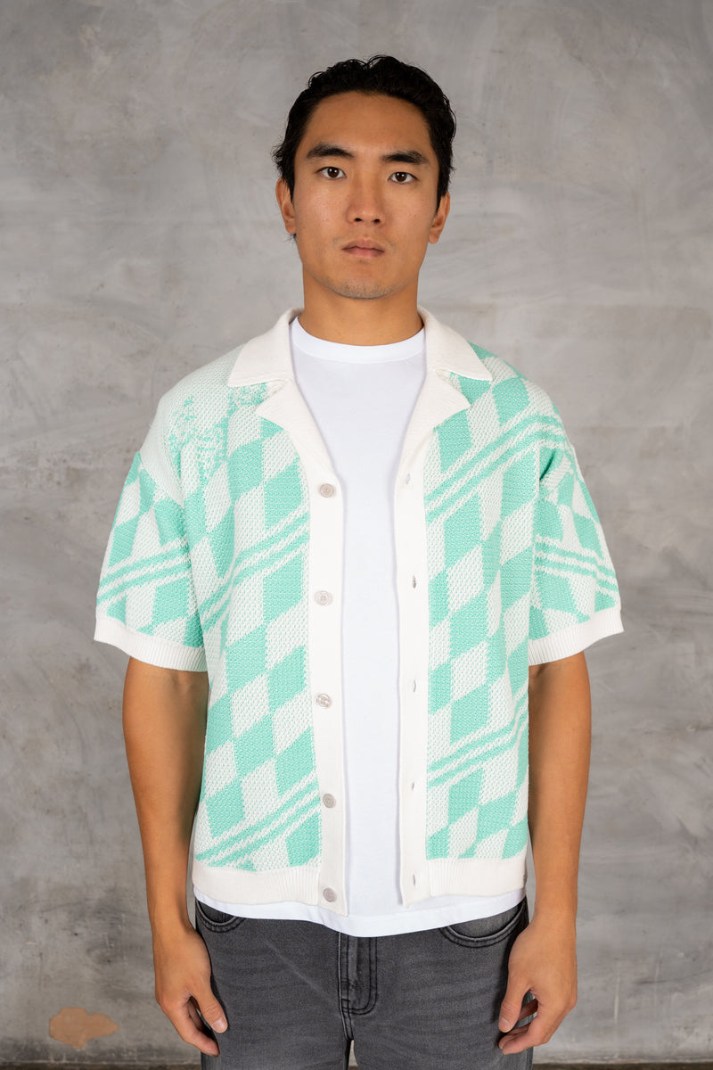 Boxy Checked Knitted Shirt - Mint