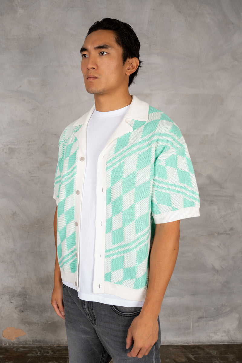 Boxy Checked Knitted Shirt - Mint