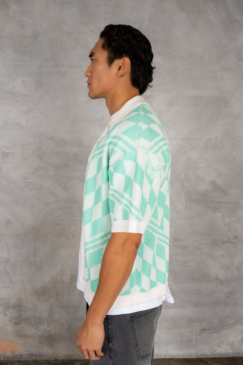Boxy Checked Knitted Shirt - Mint