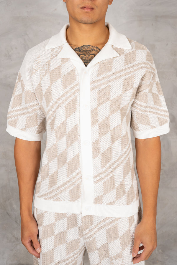 Boxy Checked Knitted Shirt - Taupe