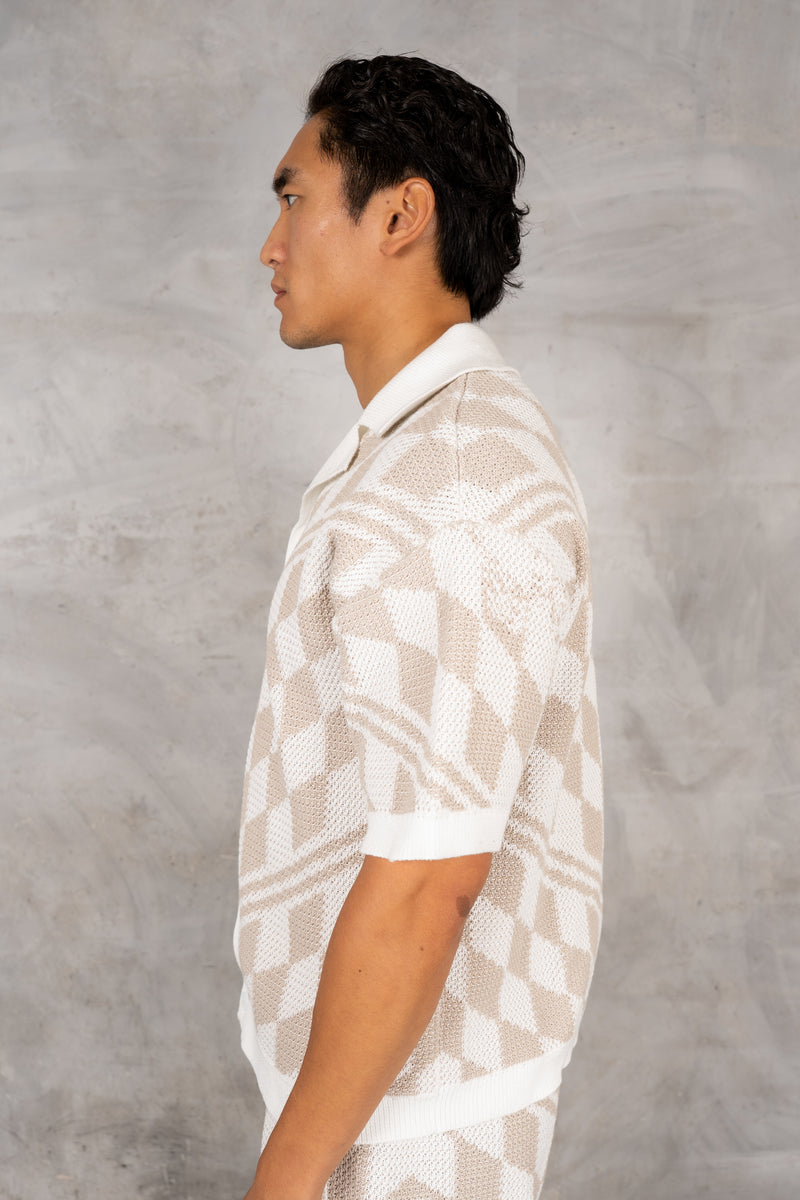 Boxy Checked Knitted Shirt - Taupe