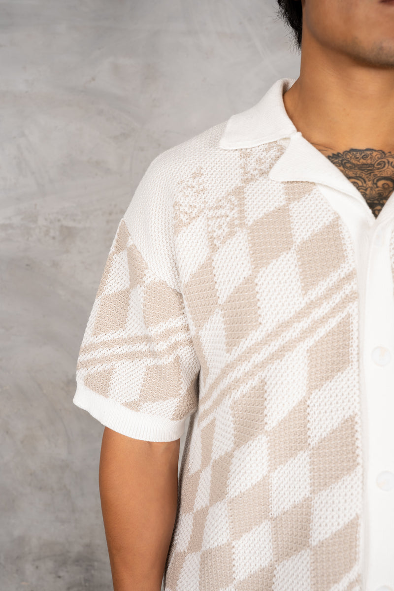 Boxy Checked Knitted Shirt - Taupe